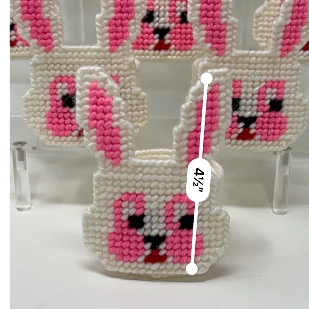 Handmade Plastic Canvas Yarn Candy Holder Bunny Set of 11 White Pink Easter‎